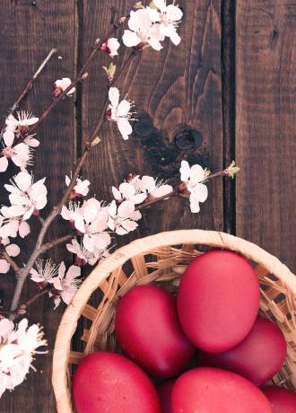 Red eggs in a basket with cherry blossoms on wood.
